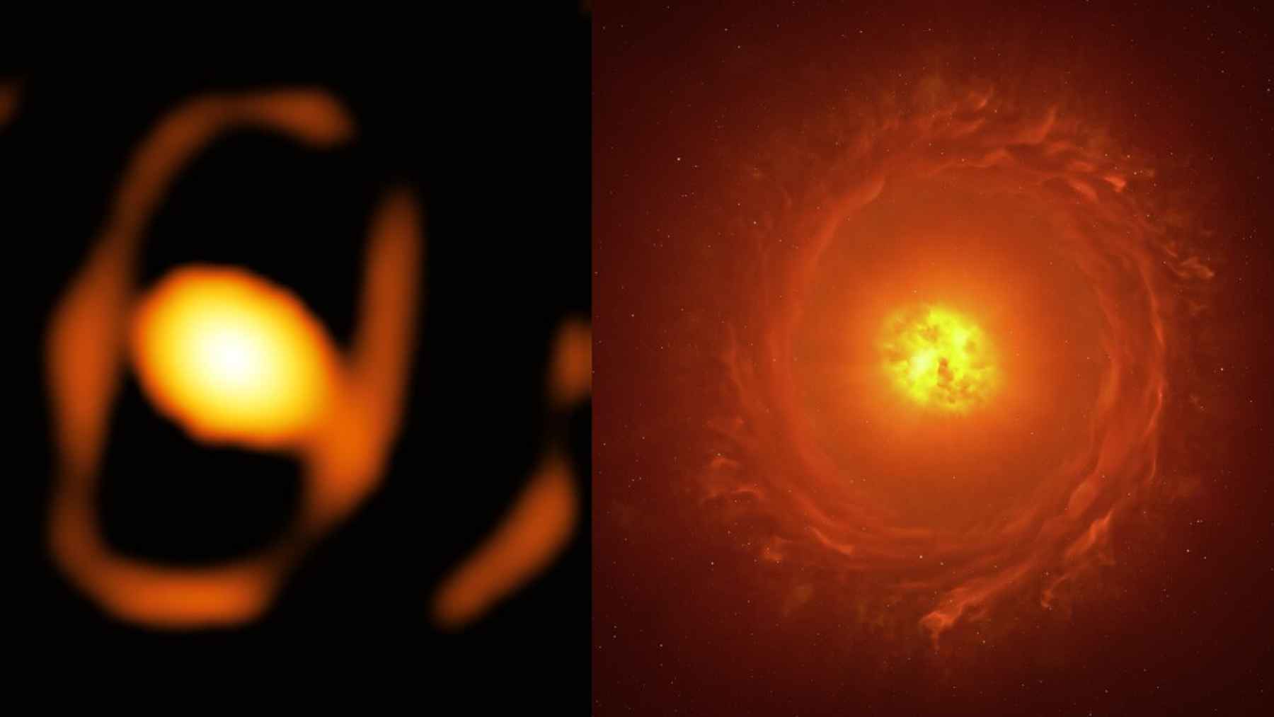 Side-by-side view of WOH G64 showing a blurred central star and a larger illustration of the massive star surrounded by a thick cocoon of gas and dust.