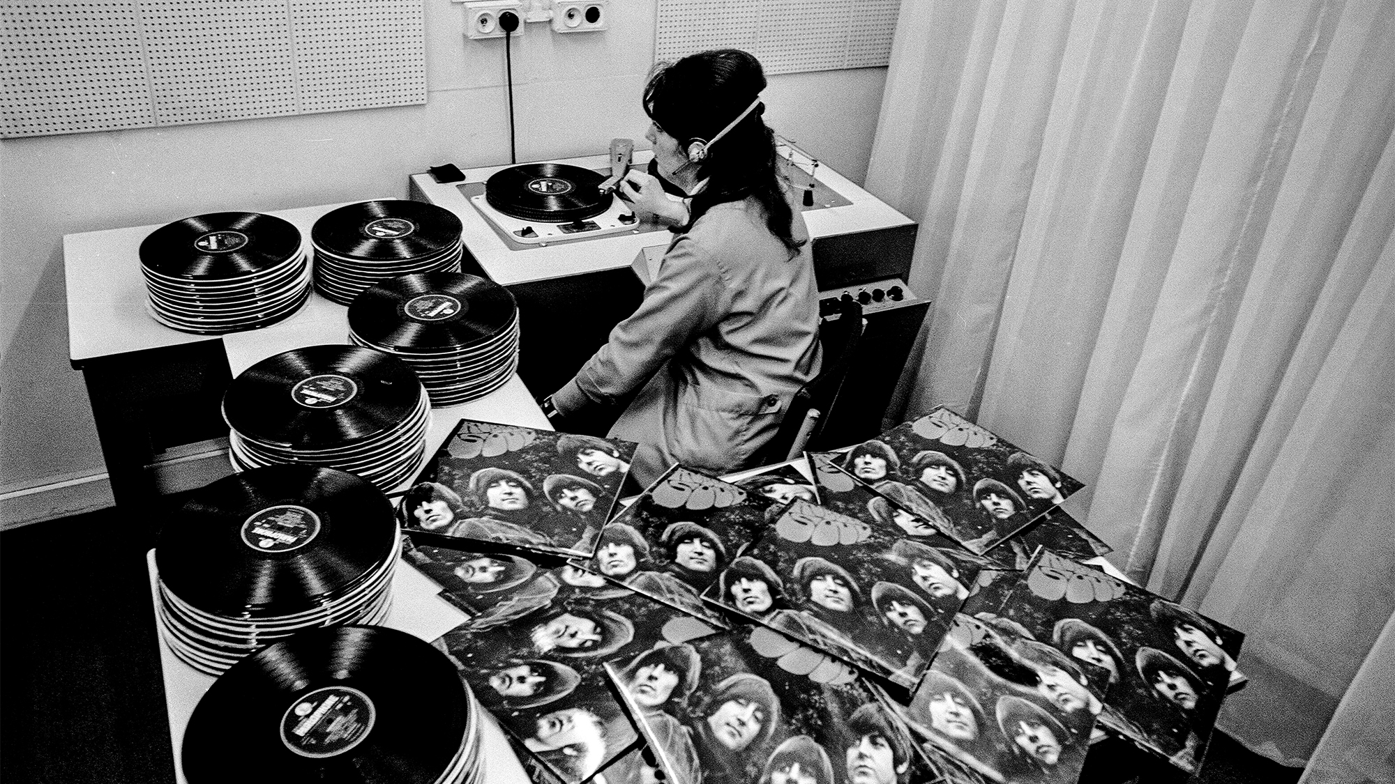 Production line at E.M.I. factory in Hayes Middlesex where the new Beatles LP Rubber Soul is being manufactured, 24th November 1965.