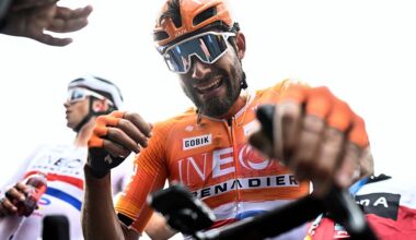 INEOS Grenadiers's Italian rider Filippo Ganna celebrates after winning the men's elite race of the Dwars door Vlaanderen cycling event, 184.6km from Roeselare to Waregem on April 1, 2026. (Photo by JASPER JACOBS / BELGA / AFP) / Belgium OUT