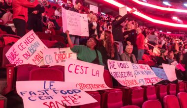 Protest signs on seats at the Bell Centre.
