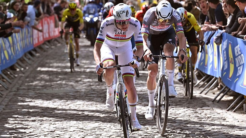 Tadej Pogacar on the cobbled roads of the Tour of Flanders.