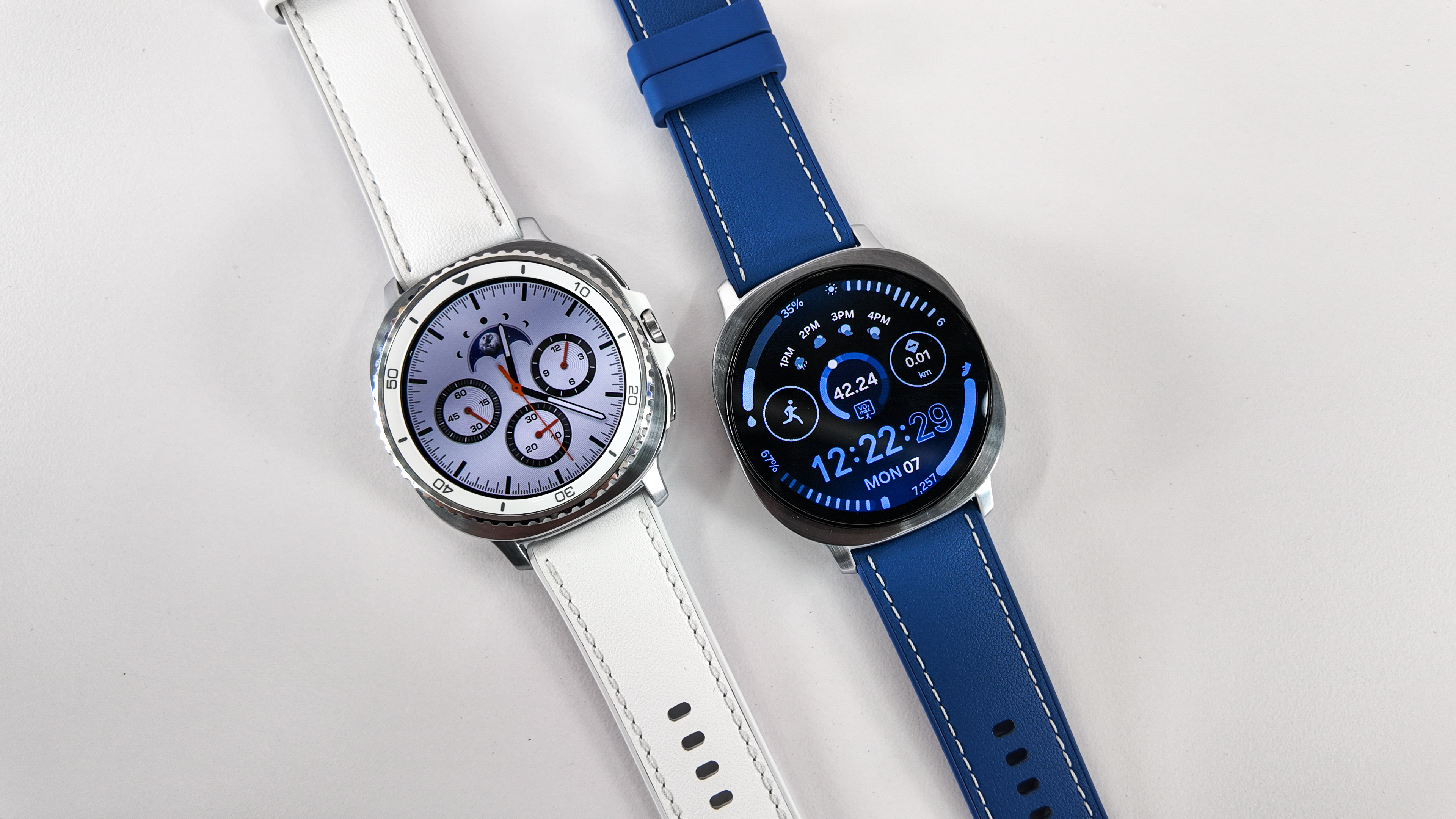 Close-up of the Samsung Galaxy Watch 8 Classic next to the standard Galaxy Watch 8