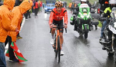 BERGARA, SPAIN - APRIL 11: Stage winner Andrew August of United States and Team INEOS Grenadiers competes in the breakaway during the 65th Itzulia Basque Country 2026, Stage 6 a 135.2km stage from Goizper-Antzuola to Bergara / #UCIWT / on April 11, 2026 in Bergara, Spain. (Photo by Tim de Waele/Getty Images)
