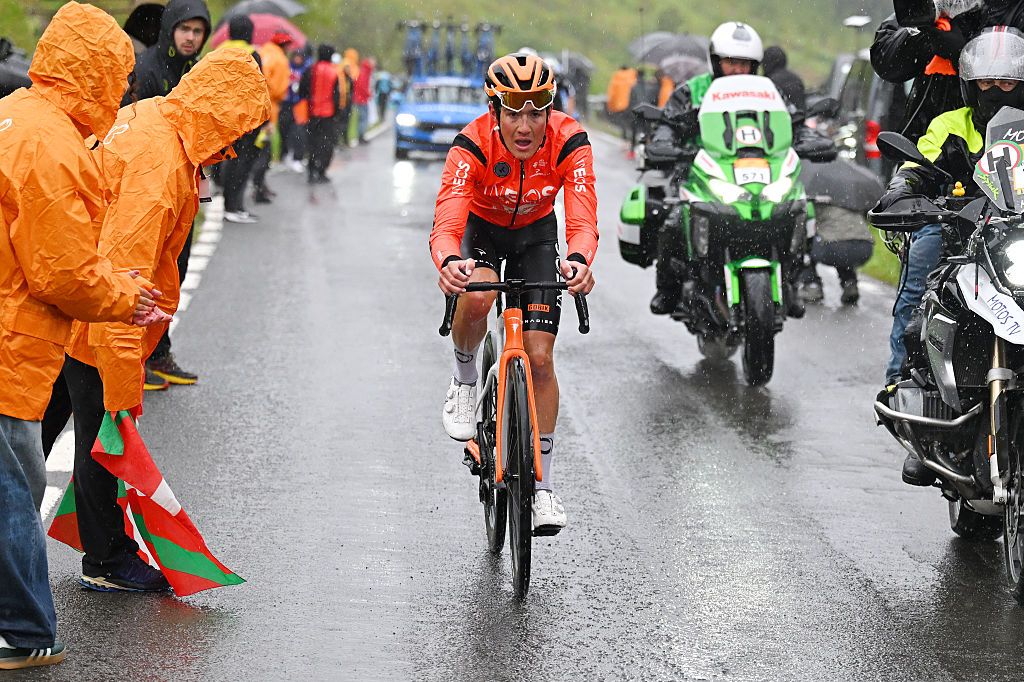 BERGARA, SPAIN - APRIL 11: Stage winner Andrew August of United States and Team INEOS Grenadiers competes in the breakaway during the 65th Itzulia Basque Country 2026, Stage 6 a 135.2km stage from Goizper-Antzuola to Bergara / #UCIWT / on April 11, 2026 in Bergara, Spain. (Photo by Tim de Waele/Getty Images)