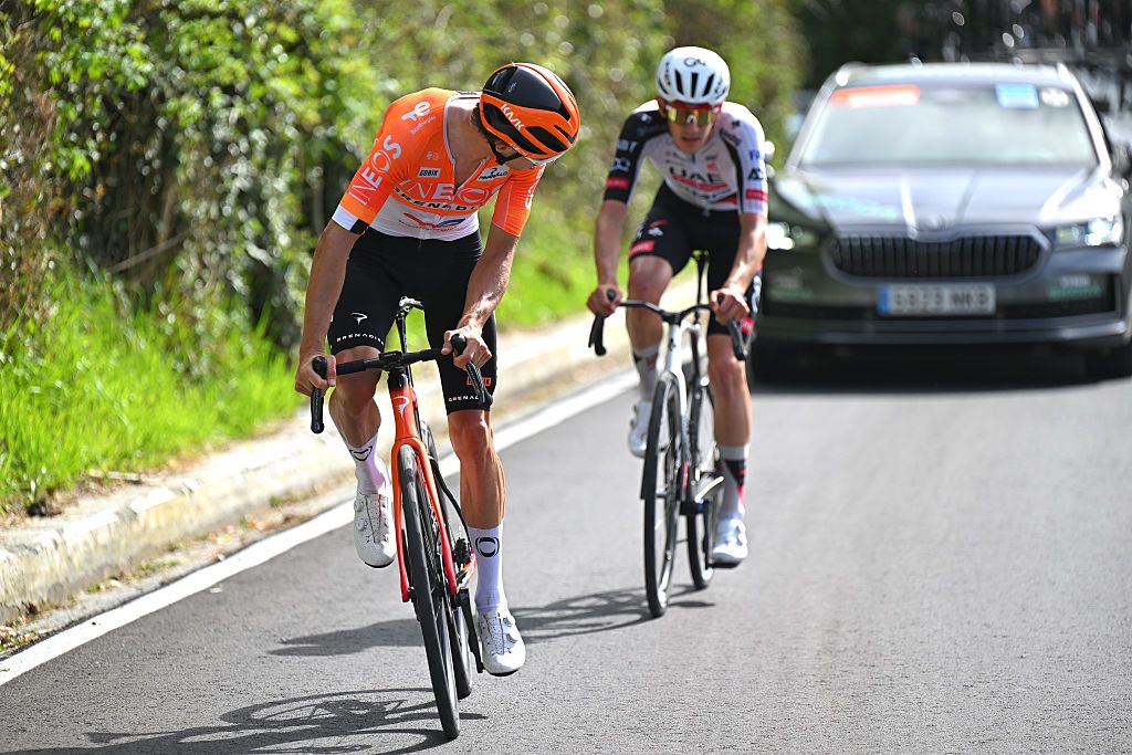 BASAURI, SPAIN - APRIL 08: (L-R) Axel Laurance of France and Team INEOS Grenadiers and Igor Arrieta of Spain and UAE Team Emirates - XRG compete in the breakaway during the 65th Itzulia Basque Country 2026, Stage 3 a 152.8km stage from Basauri to Basauri / #UCIWT / on April 08, 2026 in Basauri, Spain. (Photo by Tim de Waele/Getty Images)