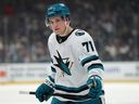 Macklin Celebrini of the San Jose Sharks looks on during a game against the Los Angeles Kings.