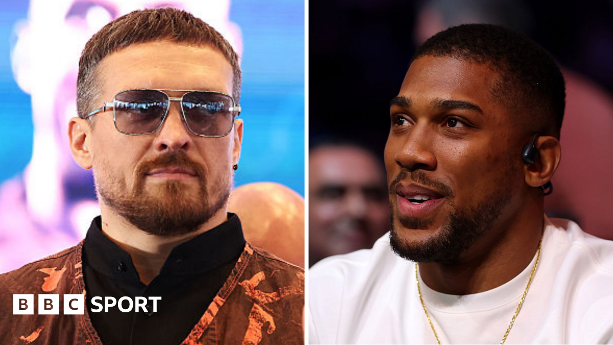 Oleksandr Usyk wearing sunglasses and and orange vest and Anthony Joshua wearing a white t-shirt