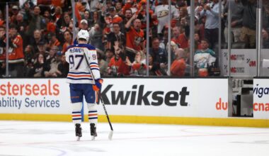 Apr 24, 2026; Anaheim, California, USA;  Edmonton Oilers center Connor McDavid (97) heads to a penalty box during the third period against the Anaheim Ducks in game three of the first round of the 2026 Stanley Cup Playoffs at Honda Center. Mandatory Credit: Kiyoshi Mio-Imagn Images
