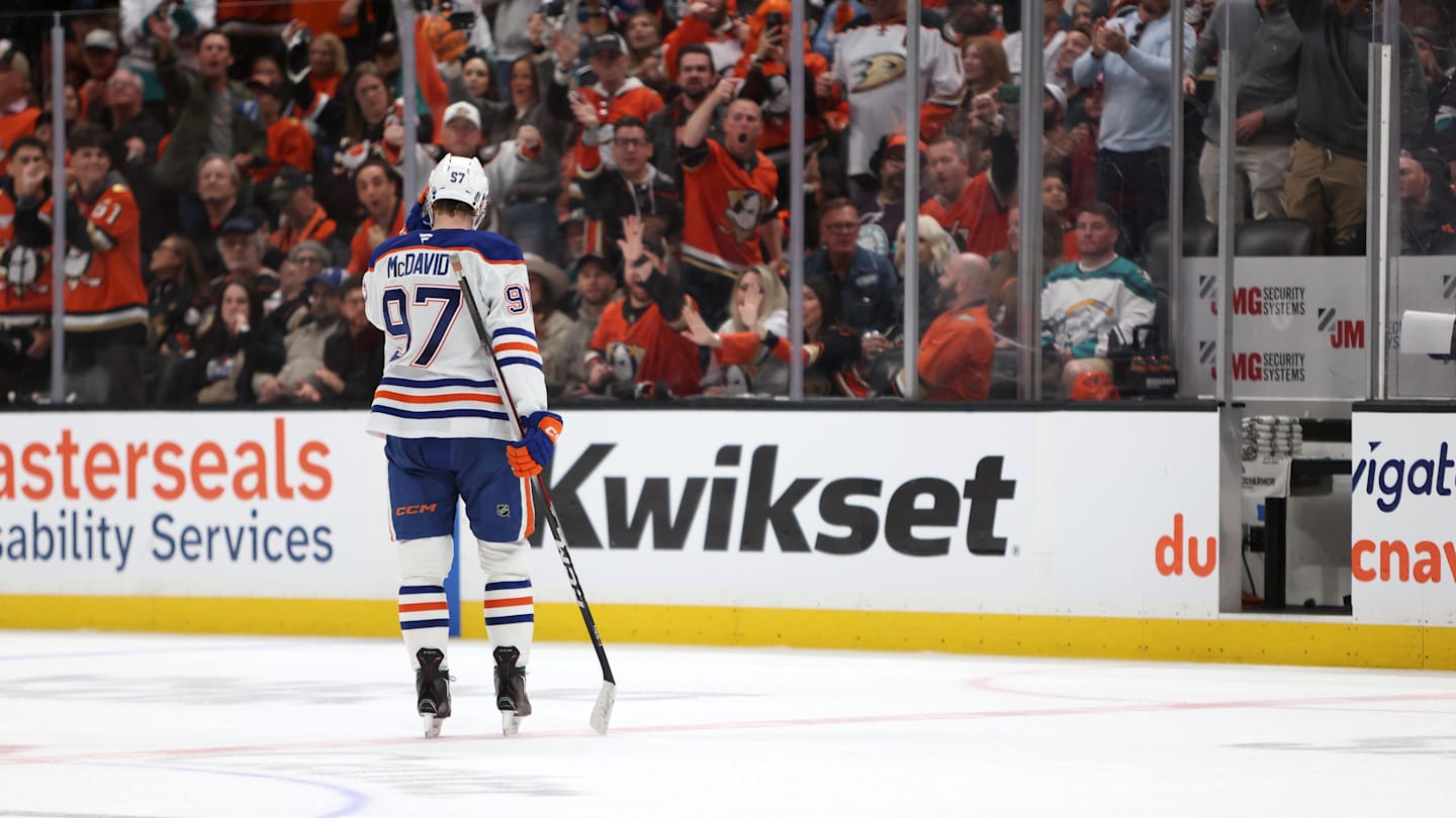 Apr 24, 2026; Anaheim, California, USA;  Edmonton Oilers center Connor McDavid (97) heads to a penalty box during the third period against the Anaheim Ducks in game three of the first round of the 2026 Stanley Cup Playoffs at Honda Center. Mandatory Credit: Kiyoshi Mio-Imagn Images