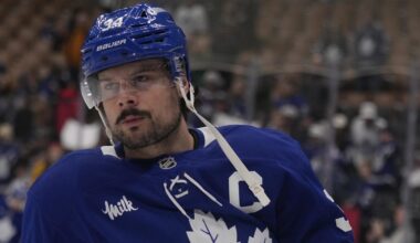 Mar 12, 2026; Toronto, Ontario, CAN; Toronto Maple Leafs forward Auston Matthews (34) skates during warm up before a game against the Anaheim Ducks at Scotiabank Arena. Mandatory Credit: John E. Sokolowski-Imagn Images