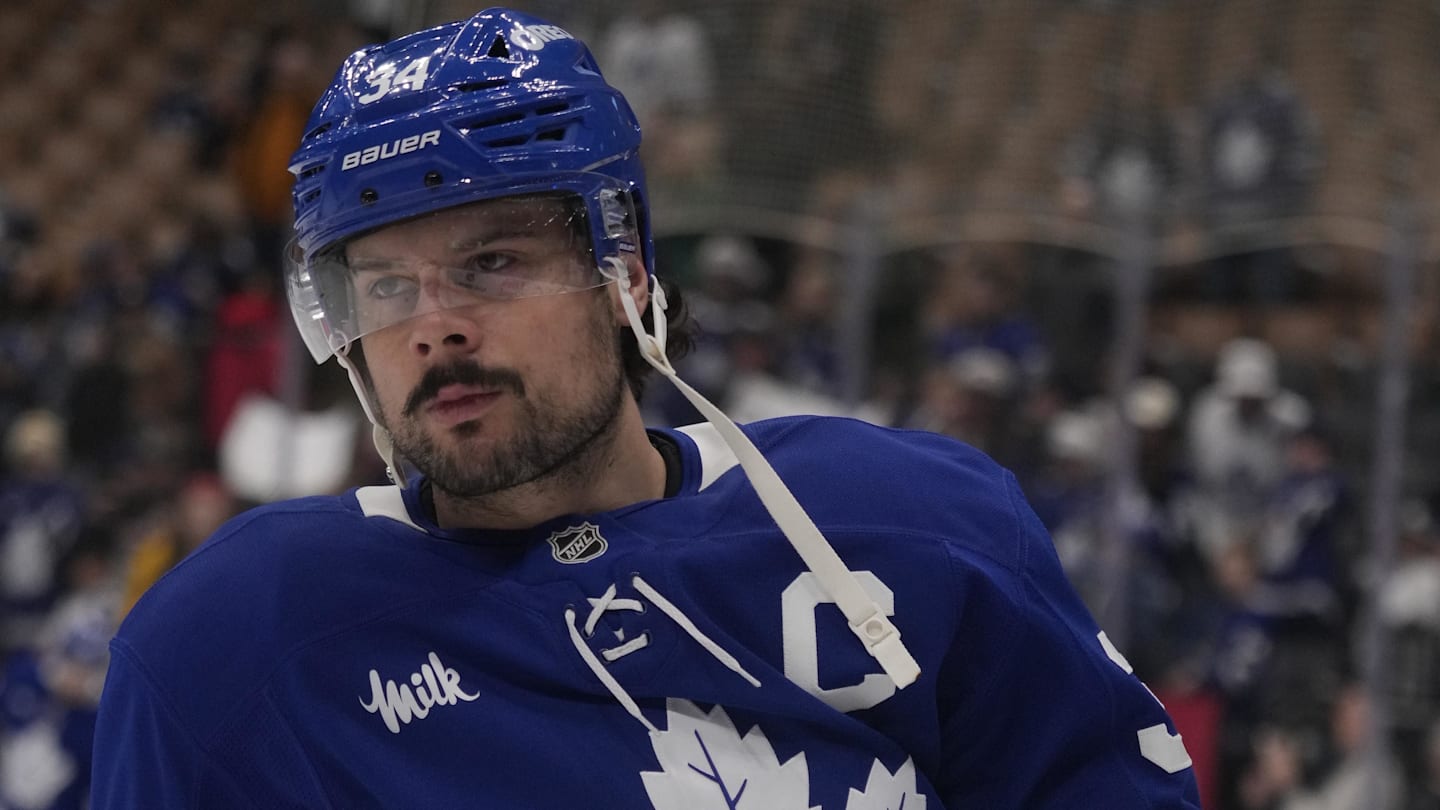 Mar 12, 2026; Toronto, Ontario, CAN; Toronto Maple Leafs forward Auston Matthews (34) skates during warm up before a game against the Anaheim Ducks at Scotiabank Arena. Mandatory Credit: John E. Sokolowski-Imagn Images