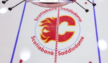 May 18, 2022; Calgary, Alberta, CAN; General view of the Calgary Flames logo on the ice prior to the game between the Calgary Flames and the Edmonton Oilers in game one of the second round of the 2022 Stanley Cup Playoffs at Scotiabank Saddledome. Mandatory Credit: Sergei Belski-Imagn Images