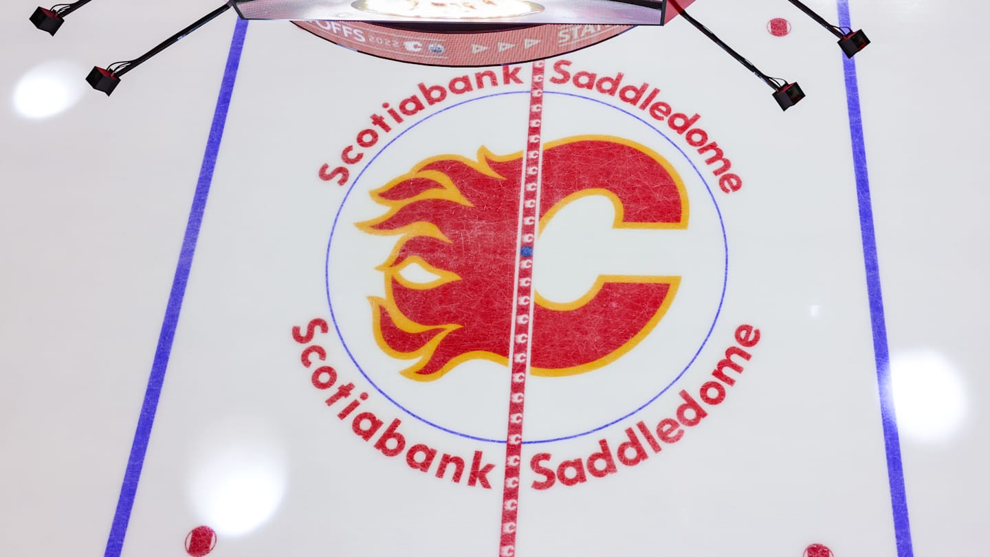 May 18, 2022; Calgary, Alberta, CAN; General view of the Calgary Flames logo on the ice prior to the game between the Calgary Flames and the Edmonton Oilers in game one of the second round of the 2022 Stanley Cup Playoffs at Scotiabank Saddledome. Mandatory Credit: Sergei Belski-Imagn Images