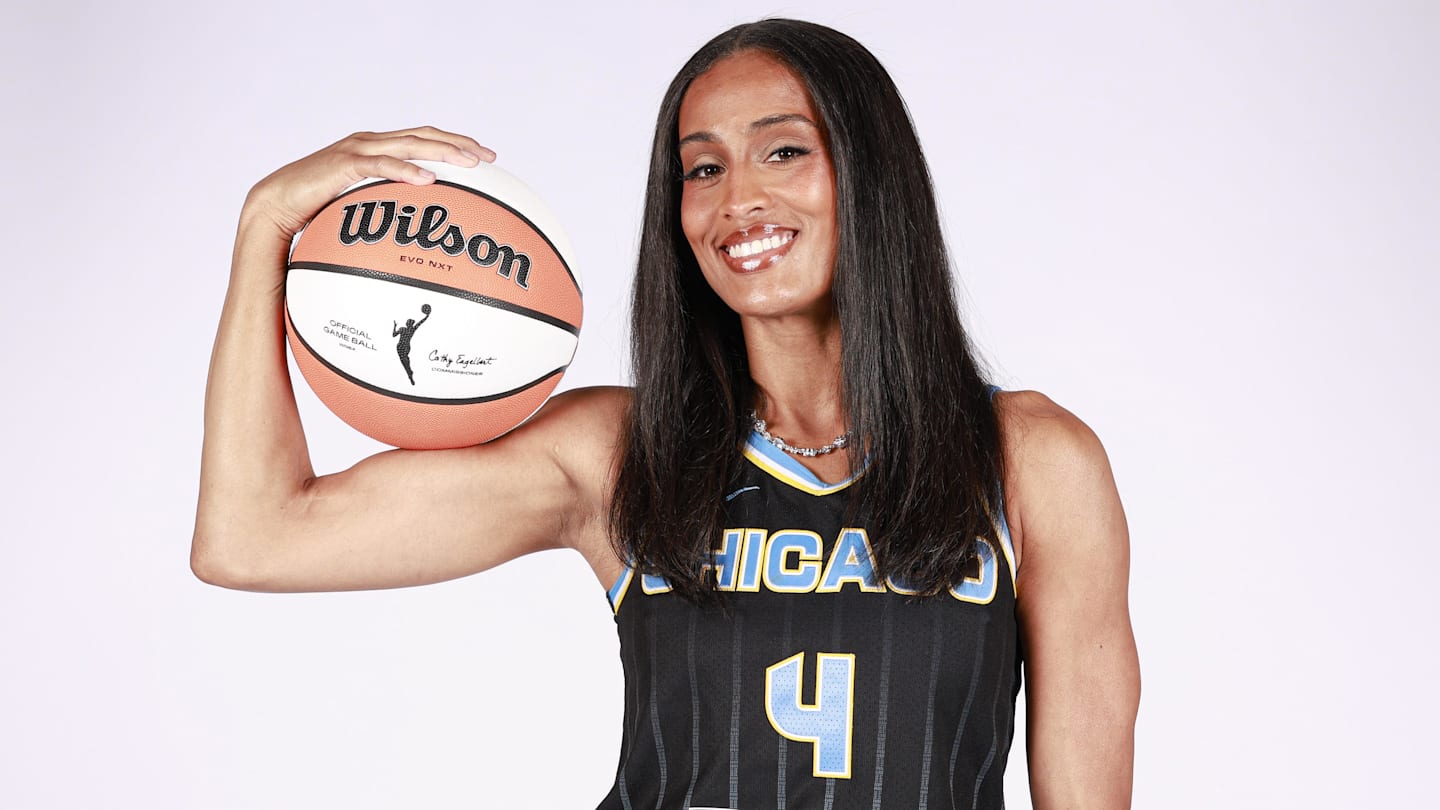 Apr 30, 2026; Chicago, Ill, USA; Chicago Sky guard Skylar Diggins (4) poses during media day at The Field Studios. Mandatory Credit: Kamil Krzaczynski-Imagn Images