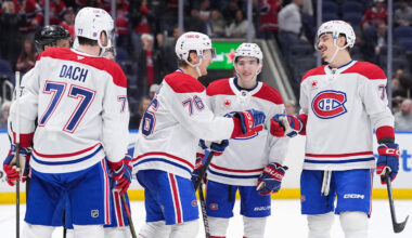 Apr 12, 2026; Elmont, New York, USA; Montreal Canadiens right wing Zachary Bolduc (76) celebrates a third period goal with center Kirby Dach (77), defenseman Lane Hutson (48) and defenseman Arber Xhekaj (72) at UBS Arena. Mandatory Credit: Alexander Wohl-Imagn Images