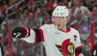Apr 18, 2026; Raleigh, North Carolina, USA; Ottawa Senators left wing Brady Tkachuk (7) reacts against the Carolina Hurricanes during the second period in game one of the first round of the 2026 Stanley Cup Playoffs at Lenovo Center. Mandatory Credit: James Guillory-Imagn Images