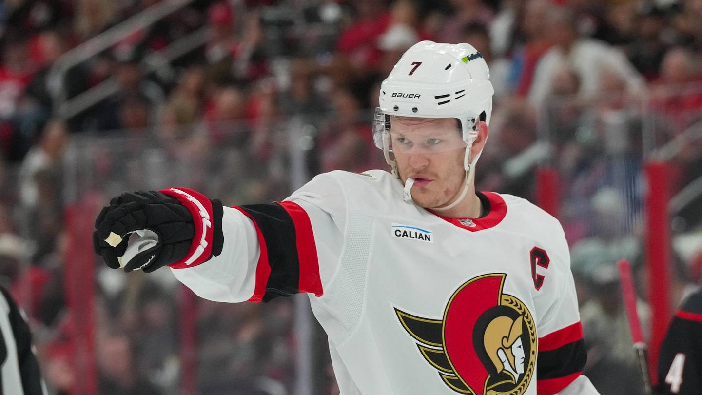 Apr 18, 2026; Raleigh, North Carolina, USA; Ottawa Senators left wing Brady Tkachuk (7) reacts against the Carolina Hurricanes during the second period in game one of the first round of the 2026 Stanley Cup Playoffs at Lenovo Center. Mandatory Credit: James Guillory-Imagn Images