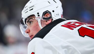 Apr 5, 2026; Montreal, Quebec, CAN; New Jersey Devils defenseman Simon Nemec (17) looks on during warm-up before the game against the Montreal Canadiens at Bell Centre. Mandatory Credit: David Kirouac-Imagn Images