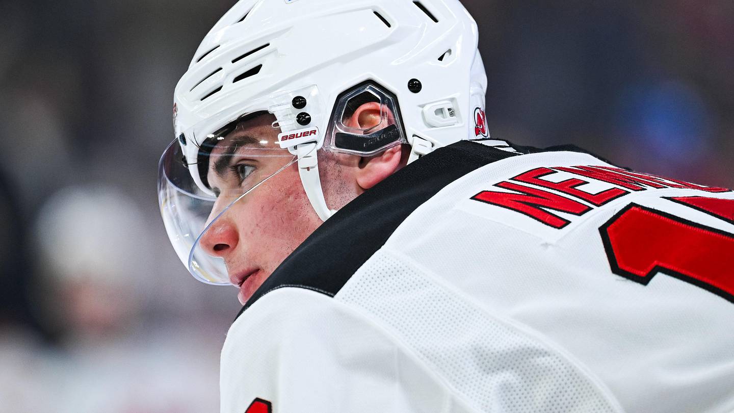 Apr 5, 2026; Montreal, Quebec, CAN; New Jersey Devils defenseman Simon Nemec (17) looks on during warm-up before the game against the Montreal Canadiens at Bell Centre. Mandatory Credit: David Kirouac-Imagn Images