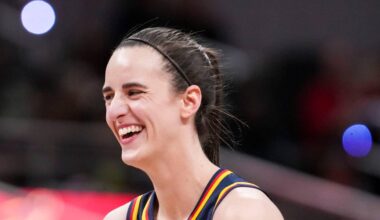 Indiana Fever guard Caitlin Clark (22) smiles Saturday, May 2, 2026, during the first half of a preseason game at Gainbridge Fieldhouse in Indianapolis.