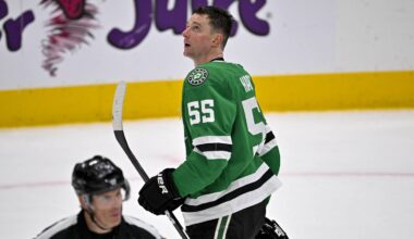 Apr 2, 2026; Dallas, Texas, USA; Dallas Stars defenseman Thomas Harley (55) checks the replay screen as he skates off the ice during the third period against the Winnipeg Jets at the American Airlines Center. Mandatory Credit: Jerome Miron-Imagn Images