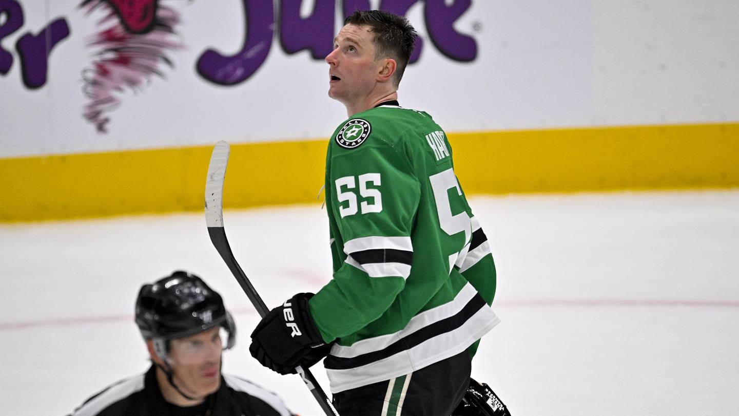 Apr 2, 2026; Dallas, Texas, USA; Dallas Stars defenseman Thomas Harley (55) checks the replay screen as he skates off the ice during the third period against the Winnipeg Jets at the American Airlines Center. Mandatory Credit: Jerome Miron-Imagn Images