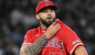 May 8, 2026; Toronto, Ontario, CAN;  Los Angeles Angels relief pitcher Alek Manoah (47) returns to the dugout after pitching against the Toronto Blue Jays in the eighth inning at Rogers Centre. Mandatory Credit: Dan Hamilton-Imagn Images