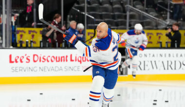Mar 8, 2026; Las Vegas, Nevada, USA; Edmonton Oilers defenseman Darnell Nurse (25) warms up before a game against the Vegas Golden Knights at T-Mobile Arena. Mandatory Credit: Stephen R. Sylvanie-Imagn Images