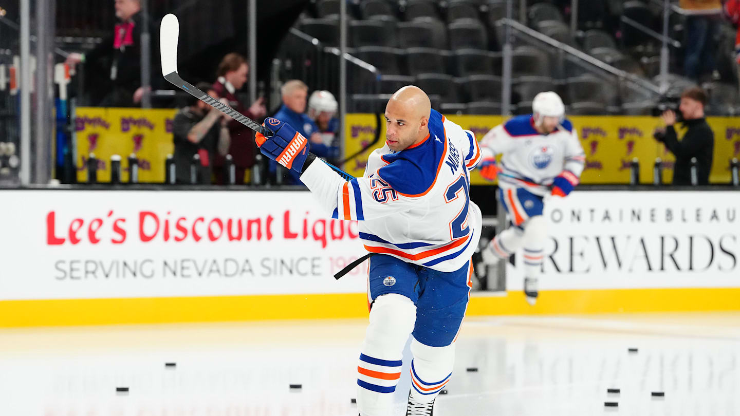 Mar 8, 2026; Las Vegas, Nevada, USA; Edmonton Oilers defenseman Darnell Nurse (25) warms up before a game against the Vegas Golden Knights at T-Mobile Arena. Mandatory Credit: Stephen R. Sylvanie-Imagn Images