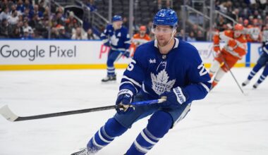 Mar 12, 2026; Toronto, Ontario, CAN; Toronto Maple Leafs defenseman Brandon Carlo (25) skates against the Anaheim Ducks at Scotiabank Arena. Mandatory Credit: John E. Sokolowski-Imagn Images