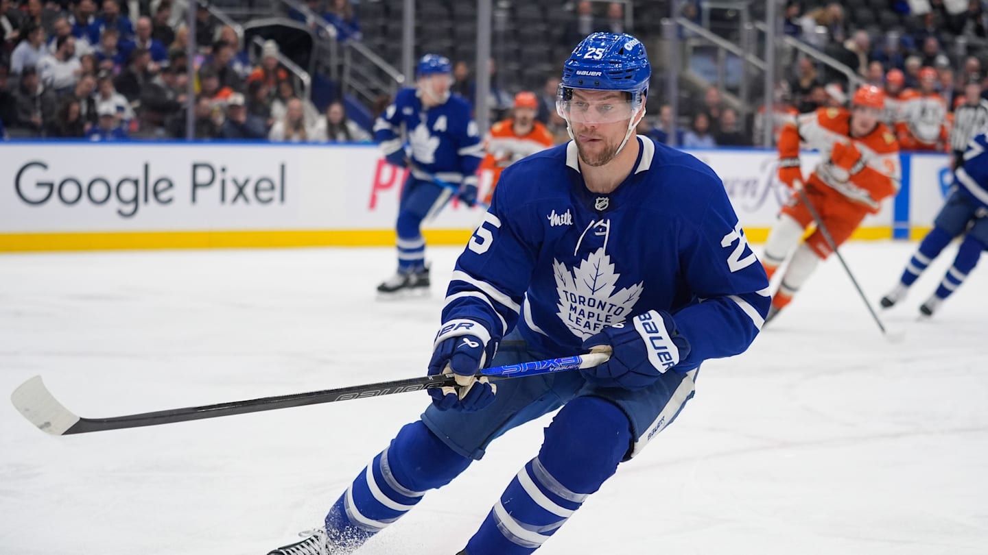 Mar 12, 2026; Toronto, Ontario, CAN; Toronto Maple Leafs defenseman Brandon Carlo (25) skates against the Anaheim Ducks at Scotiabank Arena. Mandatory Credit: John E. Sokolowski-Imagn Images