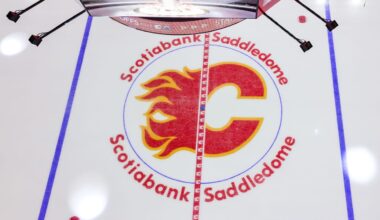May 18, 2022; Calgary, Alberta, CAN; General view of the Calgary Flames logo on the ice prior to the game between the Calgary Flames and the Edmonton Oilers in game one of the second round of the 2022 Stanley Cup Playoffs at Scotiabank Saddledome. Mandatory Credit: Sergei Belski-Imagn Images