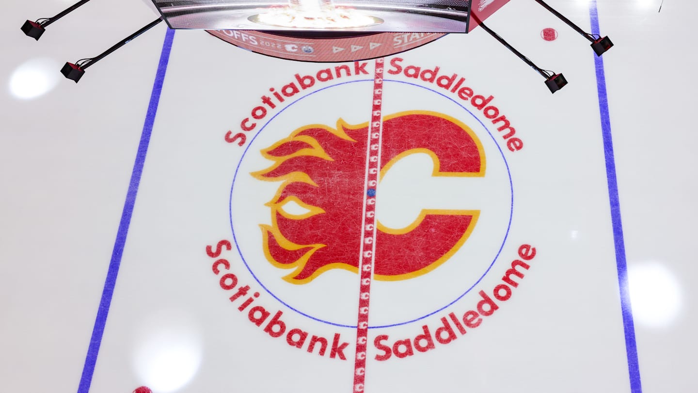 May 18, 2022; Calgary, Alberta, CAN; General view of the Calgary Flames logo on the ice prior to the game between the Calgary Flames and the Edmonton Oilers in game one of the second round of the 2022 Stanley Cup Playoffs at Scotiabank Saddledome. Mandatory Credit: Sergei Belski-Imagn Images