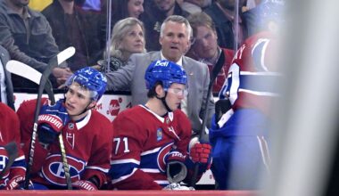Oct 20, 2025; Montreal, Quebec, CAN; Montreal Canadiens head coach Martin St-Louis during the first period of the game against the Buffalo Sabres at the Bell Centre. Mandatory Credit: Eric Bolte-Imagn Images