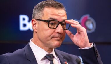 Jan 12, 2025; Ottawa, Ontario, CAN; President of Hockey Operations and General Manager Steve Staios speaks to the media pprior to match between the Dallas Stars and the  Ottawa Senators at the Canadian Tire Centre. Mandatory Credit: Marc DesRosiers-Imagn Images