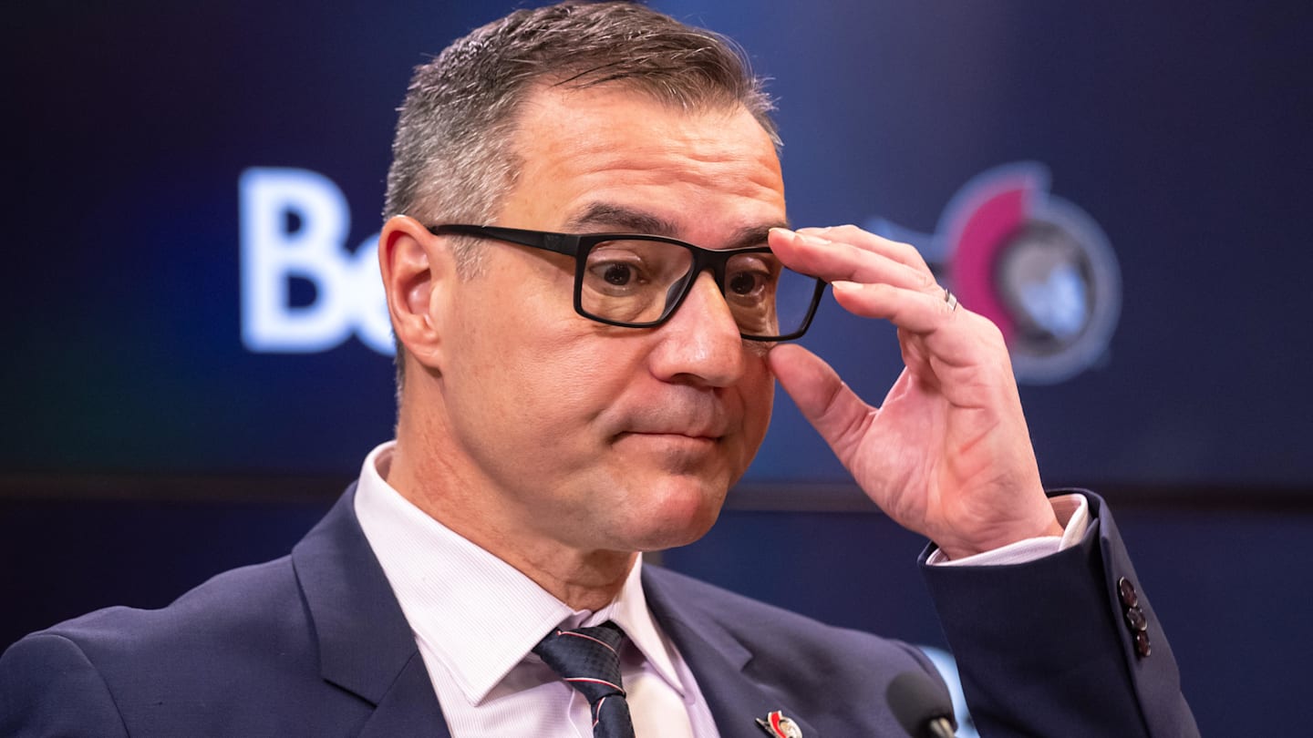 Jan 12, 2025; Ottawa, Ontario, CAN; President of Hockey Operations and General Manager Steve Staios speaks to the media pprior to match between the Dallas Stars and the  Ottawa Senators at the Canadian Tire Centre. Mandatory Credit: Marc DesRosiers-Imagn Images