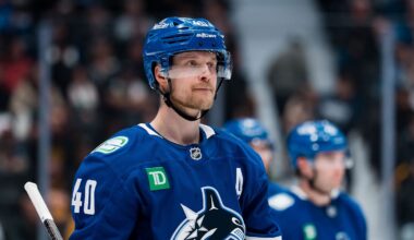Apr 14, 2026; Vancouver, British Columbia, CAN; Vancouver Canucks forward Elias Pettersson (40) during a stop in play against the Los Angeles Kings in the third period at Rogers Arena. Mandatory Credit: Bob Frid-Imagn Images