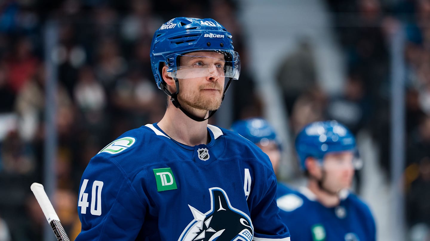 Apr 14, 2026; Vancouver, British Columbia, CAN; Vancouver Canucks forward Elias Pettersson (40) during a stop in play against the Los Angeles Kings in the third period at Rogers Arena. Mandatory Credit: Bob Frid-Imagn Images