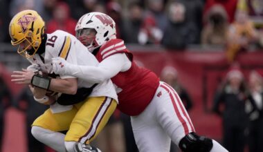 Wisconsin defensive lineman Elijah Hills (94) sacks Minnesota quarterback Max Brosmer (16) during the second quarter of their game at Camp Randall Stadium Friday, November 29, 2024 in Madison, Wisconsin.Mark Hoffman/Milwaukee Journal Sentinel