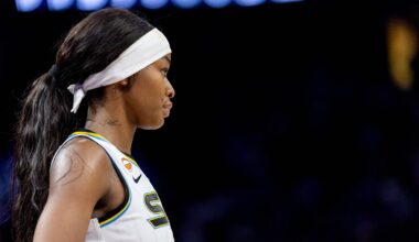 May 13, 2026; San Francisco, California, USA; Chicago Sky forward Rickea Jackson (5) watches the play during the fourth quarter against the Golden State Valkyries at Chase Center. Mandatory Credit: Bob Kupbens-Imagn Images