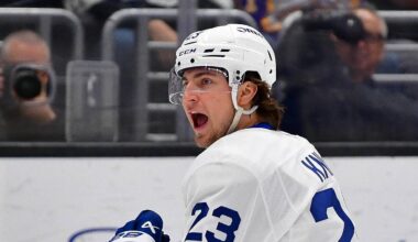 Apr 4, 2026; Los Angeles, California, USA; Toronto Maple Leafs left wing Matthew Knies (23) celebrates his goal scored against goaltender Darcy Kuemper (35) during the third period at Crypto.com Arena. Mandatory Credit: Gary A. Vasquez-Imagn Images