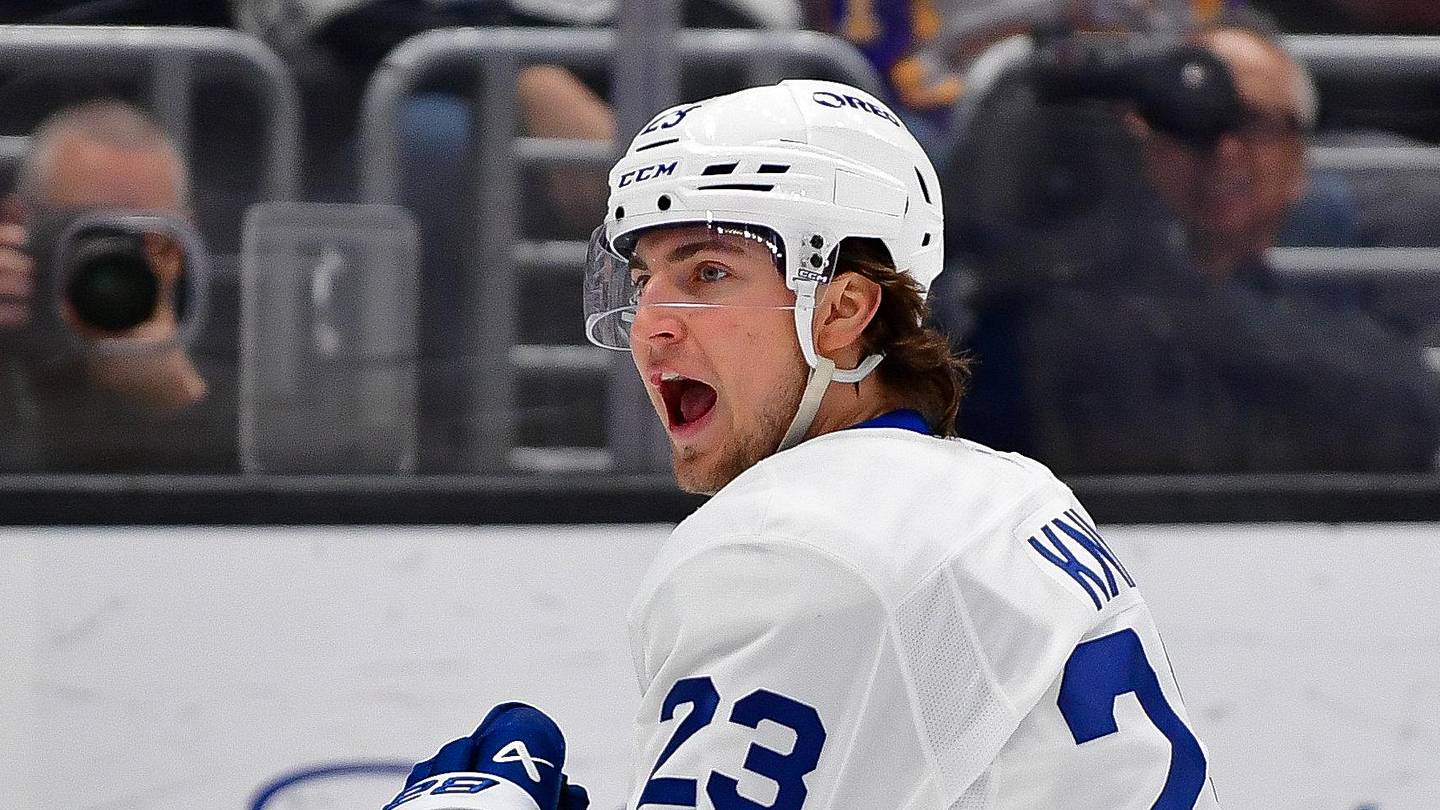 Apr 4, 2026; Los Angeles, California, USA; Toronto Maple Leafs left wing Matthew Knies (23) celebrates his goal scored against goaltender Darcy Kuemper (35) during the third period at Crypto.com Arena. Mandatory Credit: Gary A. Vasquez-Imagn Images
