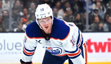 Apr 11, 2026; Los Angeles, California, USA; Edmonton Oilers center Trent Frederic (10) looks on during the third period against the Los Angeles Kings at Crypto.com Arena. Mandatory Credit: Griffin Hooper-Imagn Images