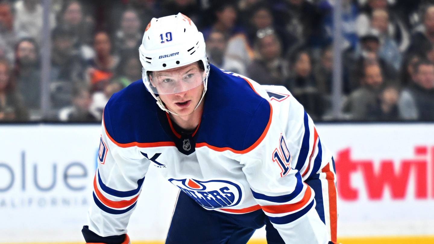 Apr 11, 2026; Los Angeles, California, USA; Edmonton Oilers center Trent Frederic (10) looks on during the third period against the Los Angeles Kings at Crypto.com Arena. Mandatory Credit: Griffin Hooper-Imagn Images