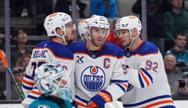 Apr 8, 2026; San Jose, California, USA;  Edmonton Oilers center Connor McDavid (97) is congratulated by teammates after scoring against the San Jose Sharks during the first period at SAP Center at San Jose. Mandatory Credit: David Gonzales-Imagn Images