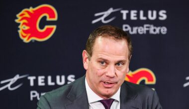 Jan 30, 2025; Calgary, Alberta, CAN; Calgary Flames general manager Craig Conroy during interview after the game against the Anaheim Ducks at Scotiabank Saddledome. Mandatory Credit: Sergei Belski-Imagn Images