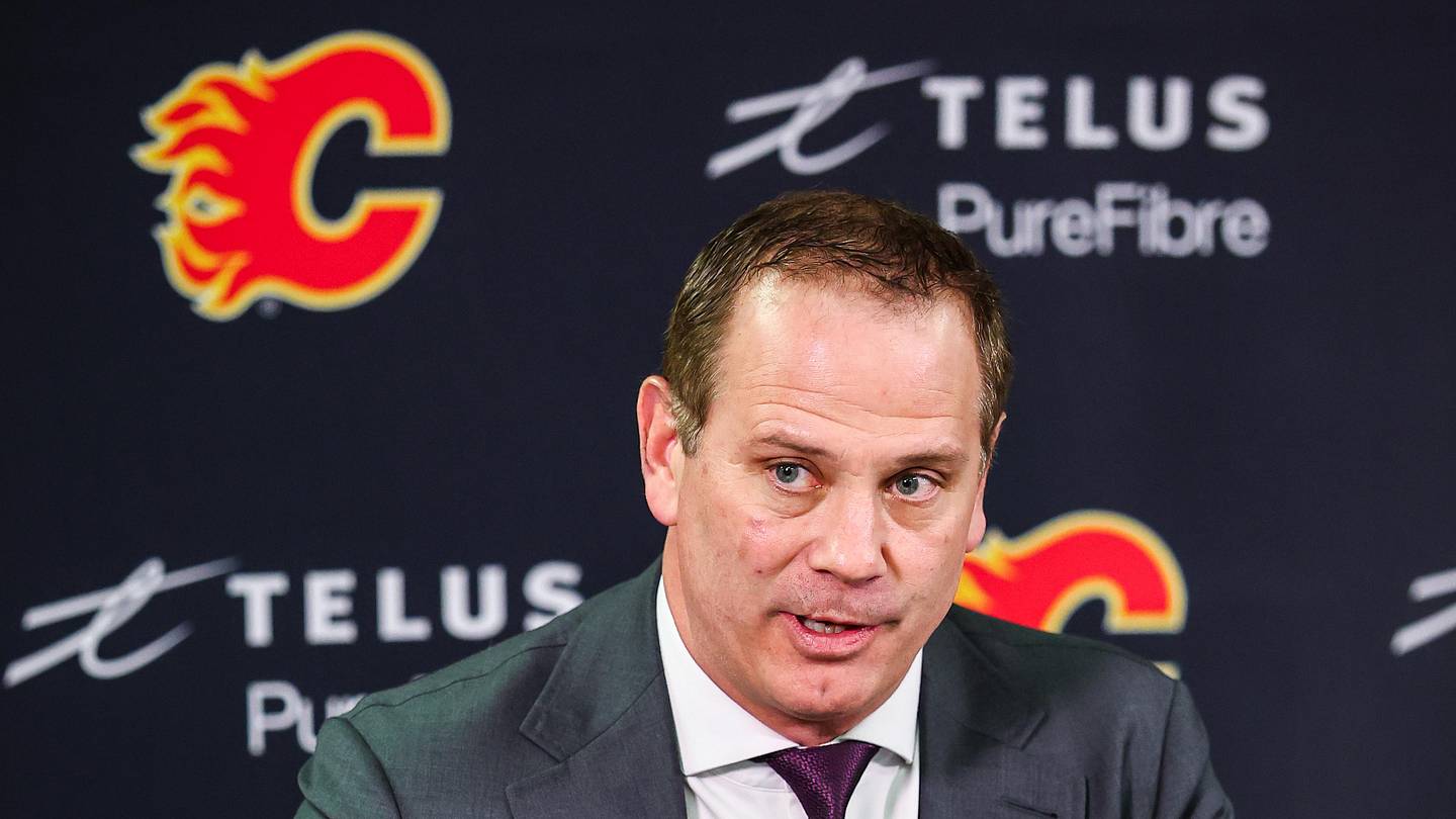 Jan 30, 2025; Calgary, Alberta, CAN; Calgary Flames general manager Craig Conroy during interview after the game against the Anaheim Ducks at Scotiabank Saddledome. Mandatory Credit: Sergei Belski-Imagn Images