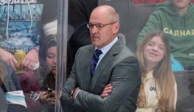 Nov 29, 2024; San Jose, California, USA; Seattle Kraken head coach Dan Bylsma watches the play against the San Jose Sharks during the third period at SAP Center at San Jose. Mandatory Credit: Robert Edwards-Imagn Images