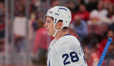 Dec 2, 2025; Sunrise, Florida, USA; Toronto Maple Leafs defenseman Troy Stecher (28) looks on against the Florida Panthers during the first period at Amerant Bank Arena. Mandatory Credit: Sam Navarro-Imagn Images
