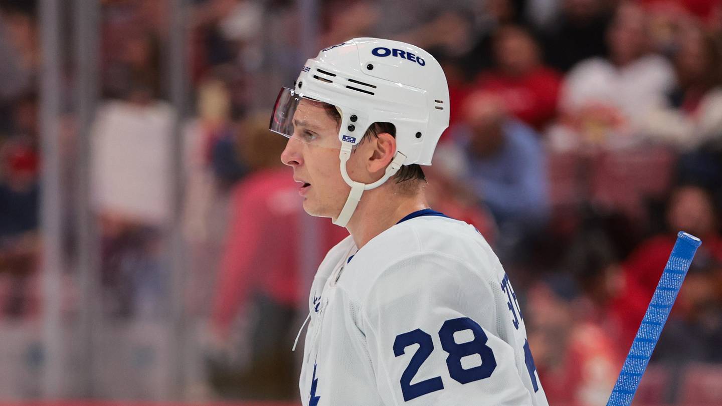 Dec 2, 2025; Sunrise, Florida, USA; Toronto Maple Leafs defenseman Troy Stecher (28) looks on against the Florida Panthers during the first period at Amerant Bank Arena. Mandatory Credit: Sam Navarro-Imagn Images